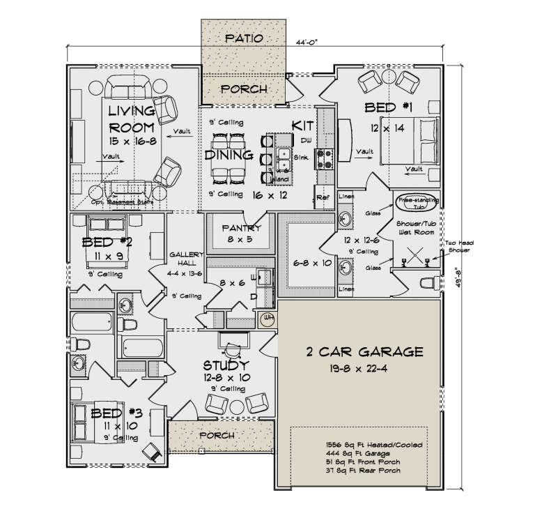 Main Floor: 3BR, 2BA, Living, Dining, Kitchen, Study, Pantry, 2-car garage, 2 porches, patio. Vaulted ceilings, wet room. House Plan # 4848-00646 Main Floor  Floor Plan Drawing by America's Best House Plans, Inc.
