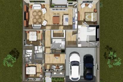Overhead Main Floor: 3BR, 2BA, Kitchen, Dining, Living, Office, Ldry, 2-car garage, WIC, covered porch. Unheated: garage/porch. House Plan # 4848-00646 Overhead Main Floor Floor Plan Drawing by America's Best House Plans, Inc.