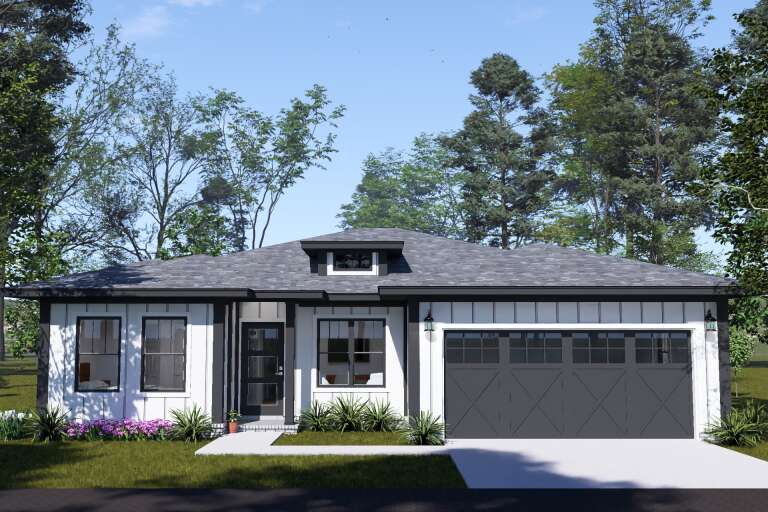 White Contemporary, Front Elevation with board-and-batten siding, dark garage, black trim, lanterns, and landscaping. House Plan # 4848-00647 Digital Rendering by America's Best House Plans, Inc.