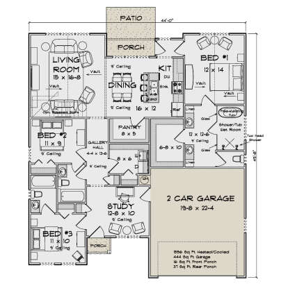 Main Floor: 3BR, 2.5BA, Living, Dining, Kitchen, Pantry, Study, 2-car garage, 2 porches, patio. Vaulted ceilings, wet room. House Plan # 4848-00647 Main Floor  Floor Plan Drawing by America's Best House Plans, Inc.