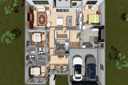 Overhead Main Floor: 3BR, 2BA, Kitchen, Dining, Living, Office, Ldry, 2-car garage, WIC, Porch. Unheated: garage/porch areas. House Plan # 4848-00647 Overhead Main Floor Floor Plan Drawing by America's Best House Plans, Inc.