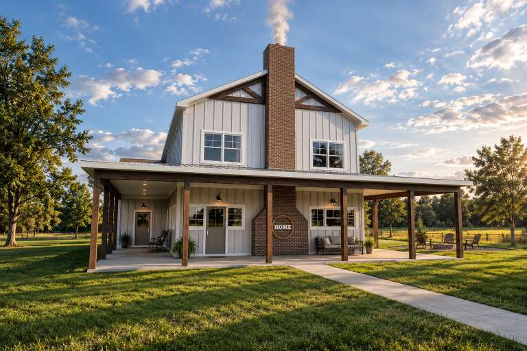 White Modern Farmhouse, Angled Front Elevation, board-and-batten siding, brick chimney, wood porch, and lush lawn. House Plan # 3532-00005 Digital Rendering by America's Best House Plans, Inc.