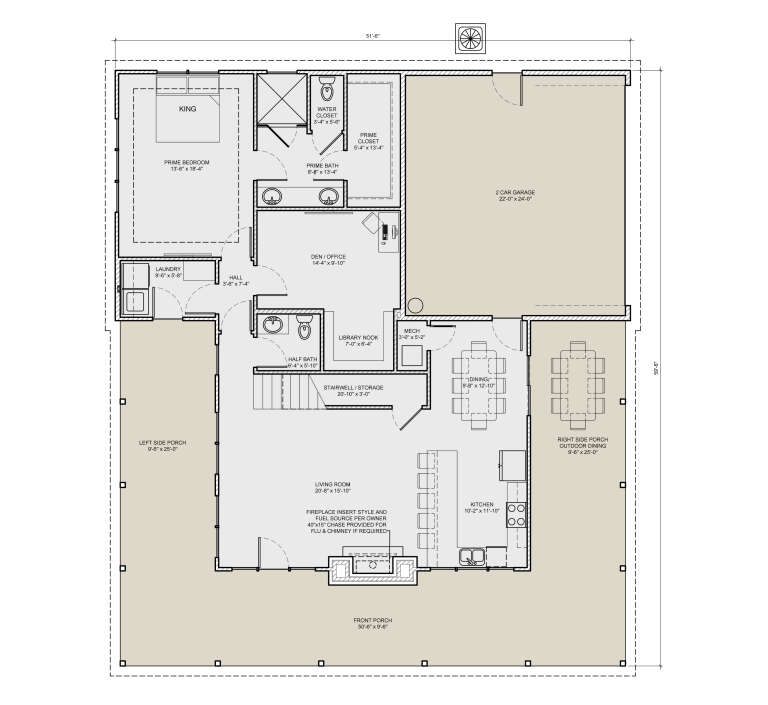 Main Floor: 1BR, 1.5BA, Living, Kitchen, Dining, Den/Office, Library, Ldry, 2-car garage, 3 porches, fireplace, stairs. House Plan # 3532-00005 Main Floor  Floor Plan Drawing by America's Best House Plans, Inc.