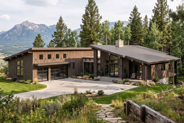 Brown Modern Transitional, Angled Front Elevation, vertical wood siding, metal roof, stone chimney, glass garage doors. House Plan # 963-01341 Digital Rendering by America's Best House Plans, Inc.