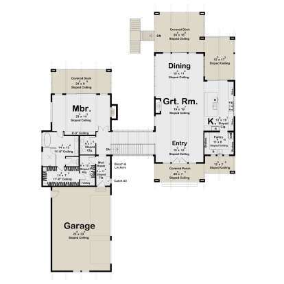 Main Floor: 1BR, 1BA, Grt Rm, Kitchen, Dining, Mud, Pantry, 3-car garage, 2 Covered Decks, Porch, Stairs. Sloped ceilings. House Plan # 963-01341 Main Floor  Floor Plan Drawing by America's Best House Plans, Inc.
