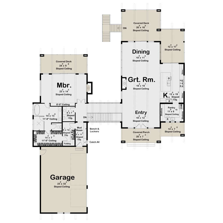 Main Floor: 1BR, 1BA, Grt Rm, Kitchen, Dining, Mud, Pantry, 3-car garage, 2 Covered Decks, Porch, Stairs. Sloped ceilings. House Plan # 963-01341 Main Floor  Floor Plan Drawing by America's Best House Plans, Inc.