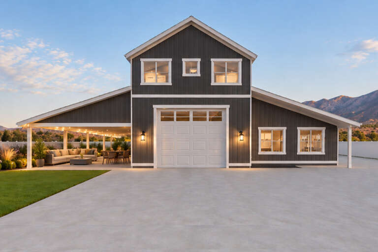 Dark Grey Barndominium, Front Elevation, vertical siding, white garage door, covered patio, wall sconces, lawn, mountains. House Plan # 2802-00583 Digital Rendering by America's Best House Plans, Inc.