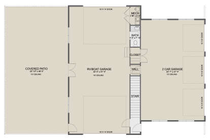 First Floor: RV/Boat garage, 2-car garage, 1 BA, closet, mech room, stairs, covered patio. 16' and 10' ceilings. House Plan # 2802-00583 First Floor Floor Plan Drawing by America's Best House Plans, Inc.