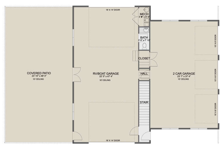 First Floor: RV/Boat garage, 2-car garage, 1 BA, closet, mech room, stairs, covered patio. 16' and 10' ceilings. House Plan # 2802-00583 First Floor Floor Plan Drawing by America's Best House Plans, Inc.