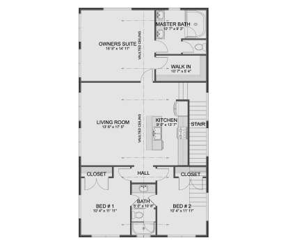 Main Floor: 3BR, 2BA, Kitchen, Living, WIC, Hall, 2 Closets, Stairs. Vaulted ceilings in Living Room and Owners Suite. House Plan # 2802-00583 Main Floor Floor Plan Drawing by America's Best House Plans, Inc.