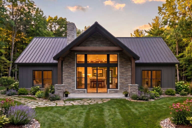 Grey Craftsman Front Elevation, stone facade, metal roof, lit interior, flagstone path, lush landscaping, sunset sky. House Plan # 1958-00077 Digital Rendering by America's Best House Plans, Inc.