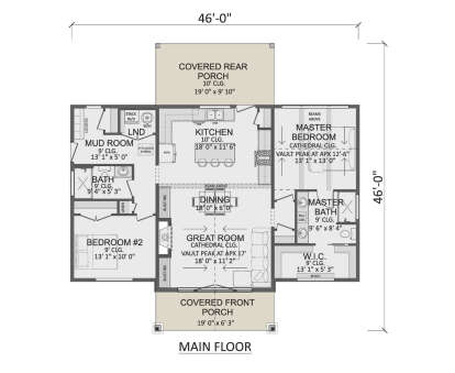 Main Floor: 2BR, 2BA, Great Rm, Kitchen, Dining, Mud Rm, Ldry, WIC. Cathedral ceilings. 2 covered porches. Unheated: porches. House Plan # 1958-00077 Main Floor  Floor Plan Drawing by America's Best House Plans, Inc.