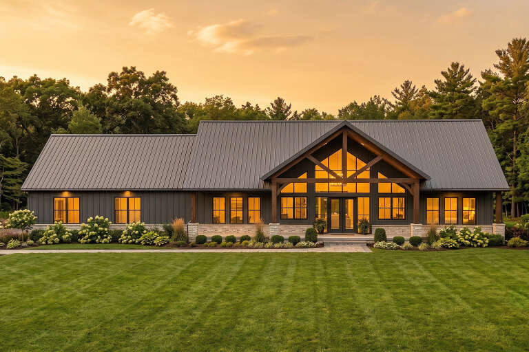 Grey Barndominium, Front Elevation at sunset, metal roof, stone base, timber trusses, lit windows, lush landscaping. House Plan # 1958-00078 Digital Rendering by America's Best House Plans, Inc.