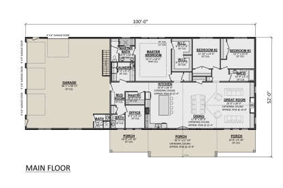 Main Floor: 3BR, 3BA, Great Rm, Kitchen, Dining, Office, Mud, Ldry, Pantry, 3-car garage, 3 Porches. Cathedral/Tray ceilings. House Plan # 1958-00078 Main Floor  Floor Plan Drawing by America's Best House Plans, Inc.