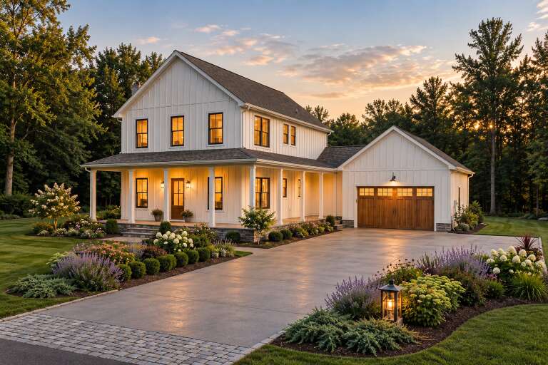 White Barndominium, Angled Front Elevation, board-and-batten siding, wood garage doors, lit porch, lush floral landscape. House Plan # 1958-00079 Digital Rendering by America's Best House Plans, Inc.