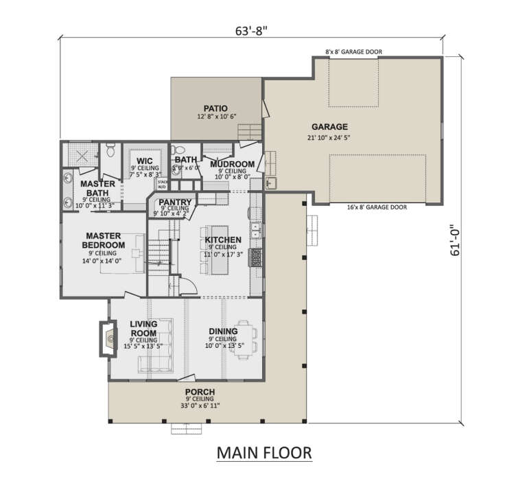 Main Floor: 1BR, 2BA, Living, Dining, Kitchen, Pantry, Mudroom, Ldry, 2-car garage, Patio, Porch, Fireplace, 9' ceilings. House Plan # 1958-00079 Main Floor  Floor Plan Drawing by America's Best House Plans, Inc.