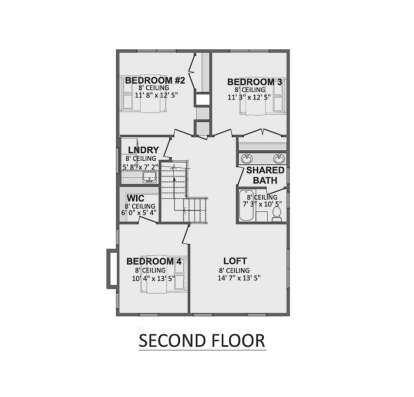 Second Floor: 3BR, 1BA, Loft, Ldry, WIC, stairs. All rooms feature 8' ceilings. House Plan # 1958-00079 Second Floor Floor Plan Drawing by America's Best House Plans, Inc.