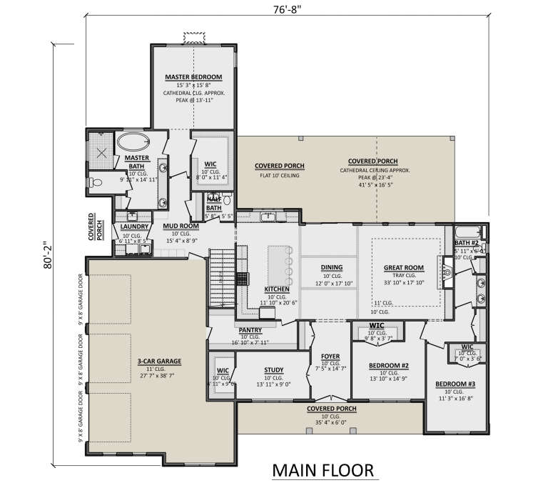 Main Floor: 3BR, 2.5BA, Study, Great Rm, Kitchen, Dining, Ldry, 3-car garage, 3 porches, 4 WICs. Cathedral & Tray ceilings. House Plan # 1958-00080 Main Floor  Floor Plan Drawing by America's Best House Plans, Inc.