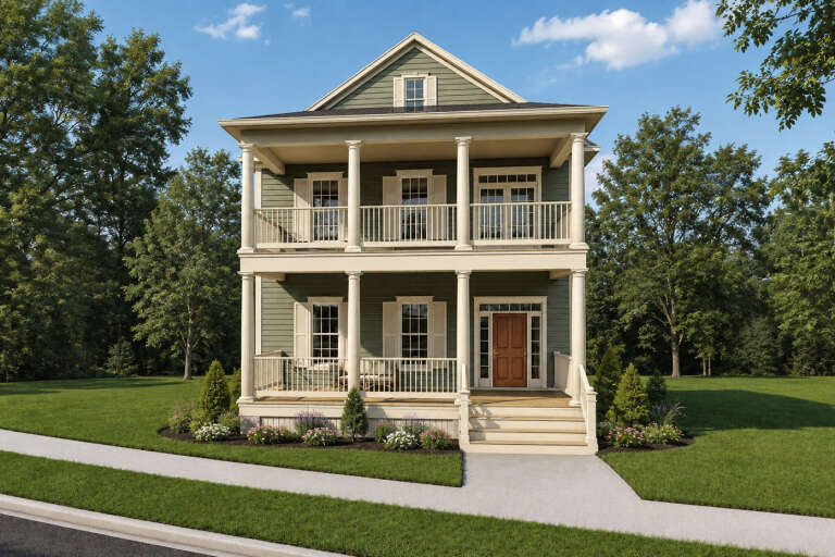 Sage Green Traditional, Angled Front Elevation, lap siding, double-story porch, white columns, wood door, landscaping. House Plan # 1070-00378 Digital Rendering by America's Best House Plans, Inc.