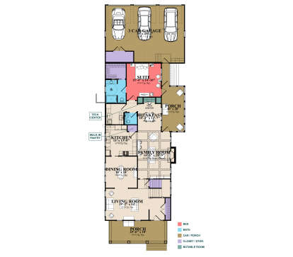 Main Floor: 1BR, 2BA, Living, Dining, Family, Kitchen, Brkfst, Tech Center, Pantry, Ldry, 3-car garage, 2 Porches, Stairs. House Plan # 1070-00378 Main Floor  Floor Plan Drawing by America's Best House Plans, Inc.