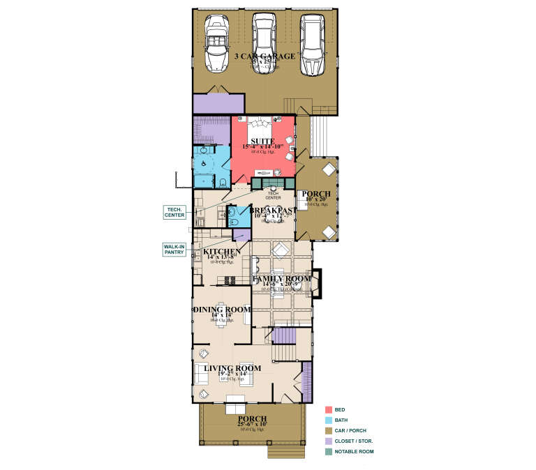 Main Floor: 1BR, 2BA, Living, Dining, Family, Kitchen, Brkfst, Tech Center, Pantry, Ldry, 3-car garage, 2 Porches, Stairs. House Plan # 1070-00378 Main Floor  Floor Plan Drawing by America's Best House Plans, Inc.