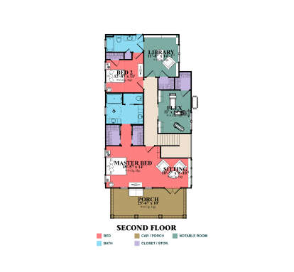 Second Floor: 2BR, 2BA, Library, Flex room, Sitting area, WICs, stairs, covered porch. 9' ceilings throughout. House Plan # 1070-00378 Second Floor Floor Plan Drawing by America's Best House Plans, Inc.