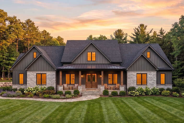 Charcoal Craftsman, Front Elevation at dusk, stone and board-and-batten siding, lit windows, stone path, lush landscaping. House Plan # 1958-00081 Digital Rendering by America's Best House Plans, Inc.
