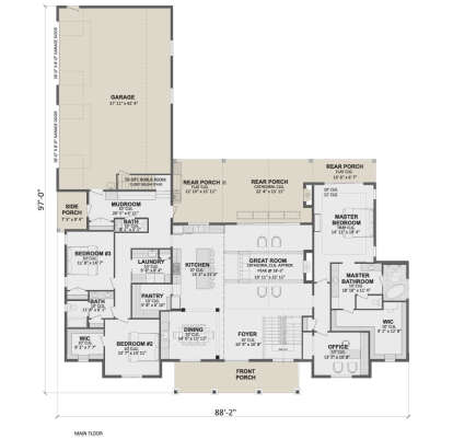 Main Floor: 3BR, 2.5BA, Office, Great Rm, Kitchen, Dining, Pantry, Mud, Ldry, 3-car garage, 3 Porches, WIC, Tray/Cath Clg. House Plan # 1958-00081 Main Floor  Floor Plan Drawing by America's Best House Plans, Inc.