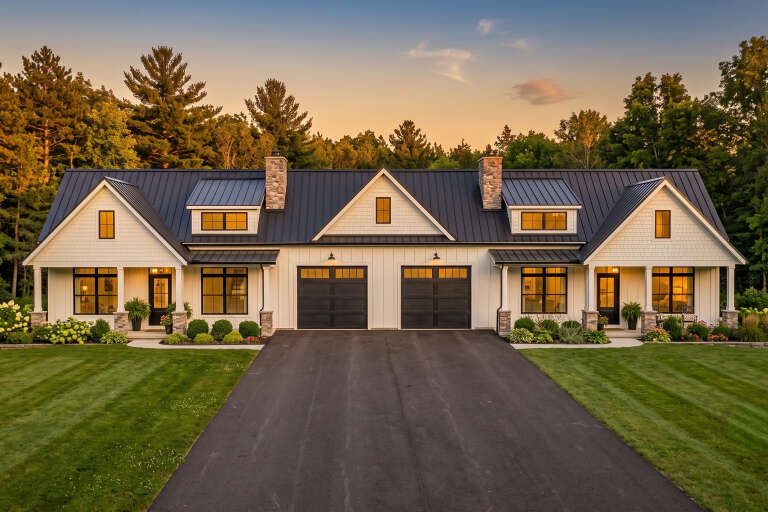White Modern Farmhouse, Front Elevation at dusk, board-and-batten siding, metal roof, stone chimneys, lit garage doors. House Plan # 1958-00082 Digital Rendering by America's Best House Plans, Inc.
