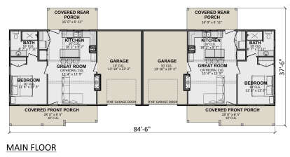 Main Floor: 2BR, 2BA, 2 Kitchens, 2 Great Rooms (Cathedral Clg), 2-car garage, 4 Covered Porches, 2 Fireplaces. 10' Clg. House Plan # 1958-00082 Main Floor  Floor Plan Drawing by America's Best House Plans, Inc.