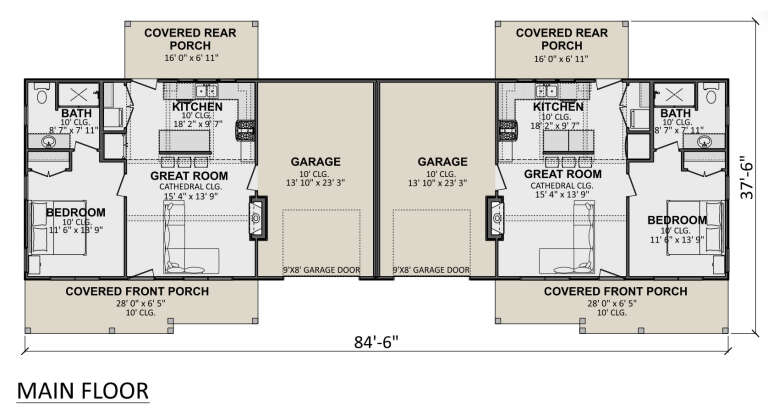 Main Floor: 2BR, 2BA, 2 Kitchens, 2 Great Rooms (Cathedral Clg), 2-car garage, 4 Covered Porches, 2 Fireplaces. 10' Clg. House Plan # 1958-00082 Main Floor  Floor Plan Drawing by America's Best House Plans, Inc.