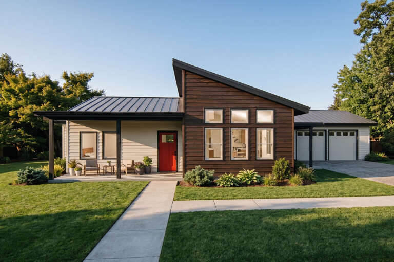 Two-tone Modern, Front Elevation with dark wood and cream siding, red door, metal roof, concrete porch, and landscaping. House Plan # 5460-00022 Digital Rendering by America's Best House Plans, Inc.