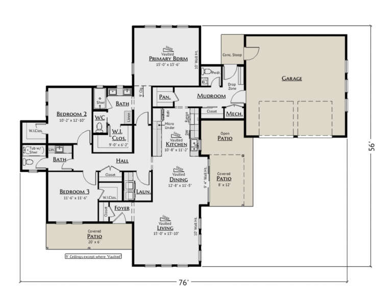 Main Floor: 3BR, 2.5BA, Vaulted Living/Dining/Kitchen/Primary BR, Mudroom, Ldry, 2-car garage, 3 Patios, WICs, Pantry. House Plan # 5460-00022 Main Floor  Floor Plan Drawing by America's Best House Plans, Inc.