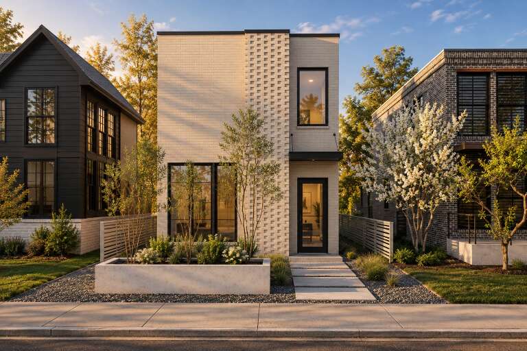 Beige Modern Front Elevation, textured brick facade, black window frames, concrete planter, and a paved walkway at dusk. House Plan # 9480-00019 Digital Rendering by America's Best House Plans, Inc.