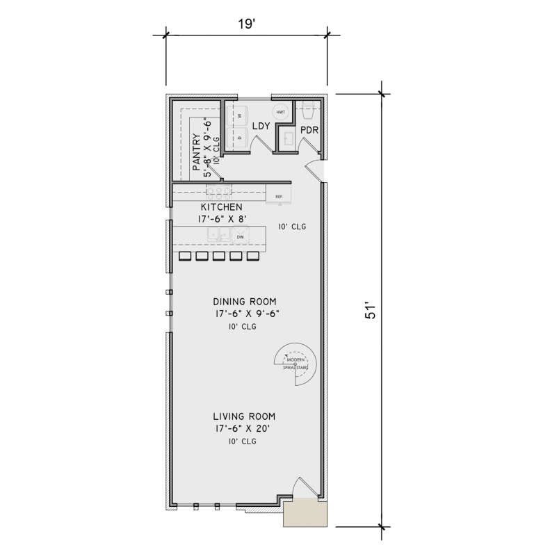 Main Floor: Kitchen, Dining, Living, Pantry, Ldry, PDR, spiral stairs. 10' ceilings throughout. House Plan # 9480-00019 Main Floor  Floor Plan Drawing by America's Best House Plans, Inc.
