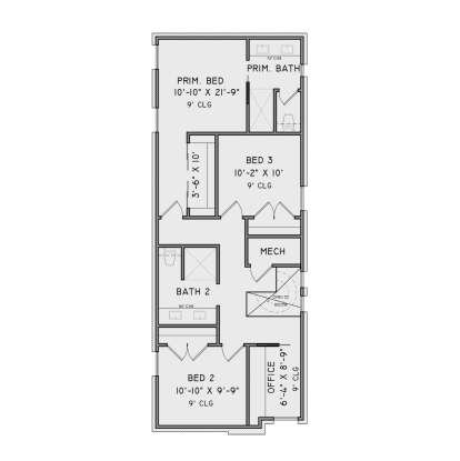 Second Floor: 3BR, 2BA, Office, WIC, Mech room, stairs, open to below. 9' ceilings throughout. House Plan # 9480-00019 Second Floor Floor Plan Drawing by America's Best House Plans, Inc.