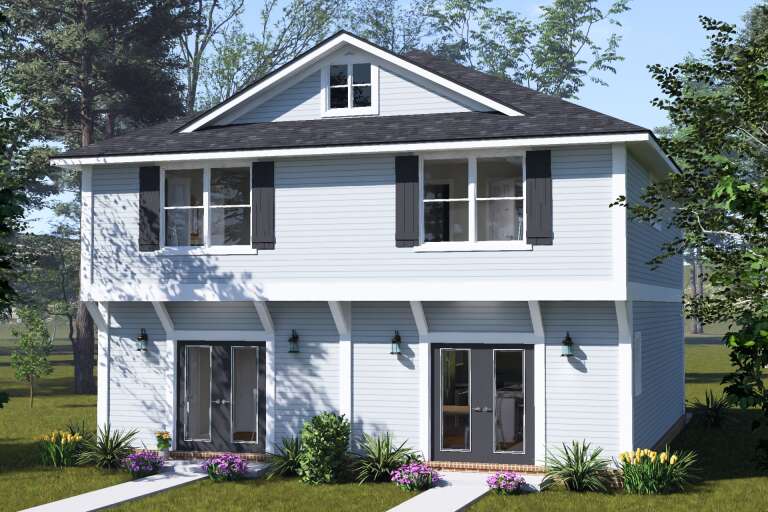 Light blue Traditional, Angled Front Elevation, horizontal siding, dark shutters, wall lanterns, and floral landscaping. House Plan # 4848-00648 Digital Rendering by America's Best House Plans, Inc.