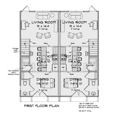 Main Floor: Duplex unit. Living, Kitchen with island, Dining, Half Bath, Pantry, under-stair storage, 9' ceilings. House Plan # 4848-00648 Main Floor Floor Plan Drawing by America's Best House Plans, Inc.