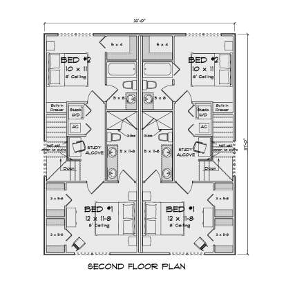 Second Floor: 4BR, 2BA duplex. Each unit: 2BR, 1BA, study alcove, stack Ldry, built-in dressers, 8' ceilings, stairs. House Plan # 4848-00648 Second Floor Floor Plan Drawing by America's Best House Plans, Inc.
