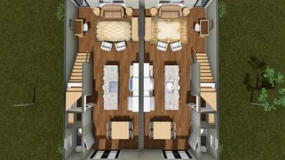 Overhead Main Floor: Duplex, 2 units. Each: Kitchen, Dining, Living, 1 Bath, Stairs. Open floor plan, kitchen islands. House Plan # 4848-00648 Overhead Main Floor Floor Plan Drawing by America's Best House Plans, Inc.