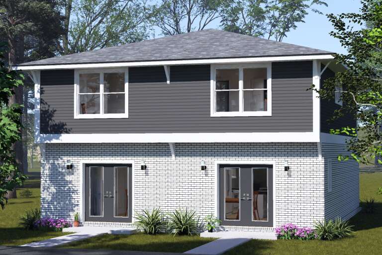 Grey and white, Angled Front Elevation, horizontal siding, brick base, dual glass doors, wall sconces, lush landscaping. House Plan # 4848-00649 Digital Rendering by America's Best House Plans, Inc.