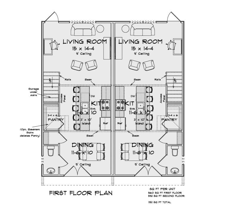 Main Floor: Duplex, 2 units. Each: Living, Kitchen, Dining, 1/2 Bath, Pantry, Stairs with storage, 9' ceilings. House Plan # 4848-00649 Main Floor Floor Plan Drawing by America's Best House Plans, Inc.
