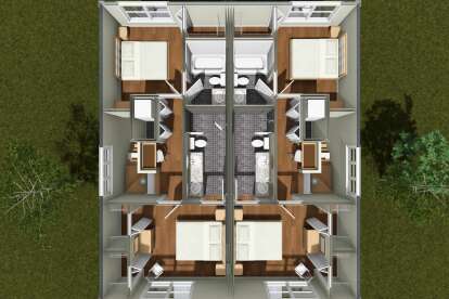 Overhead Second Floor: 4BR, 2BA duplex. Each unit: 2BR, 1BA, study nook, WIC, laundry closet, stairs. Mirror image layout. House Plan # 4848-00649 Overhead Second Floor Floor Plan Drawing by America's Best House Plans, Inc.