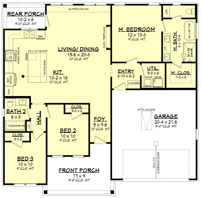 Main floor plan drawing with 3BR, 2BA, kitchen, living/dining, fireplace, WIC, Ldry, 2-car garage, front and rear porches. House Plan # 041-00459