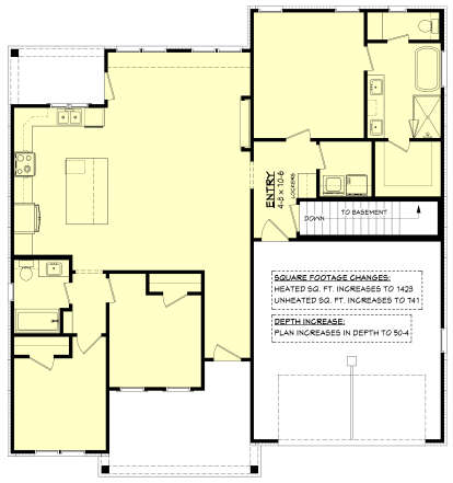 Main floor plan drawing with 2BR, 2BA, kitchen, living area, Ldry, lockers, basement stairs, and garage. House Plan # 041-00459
