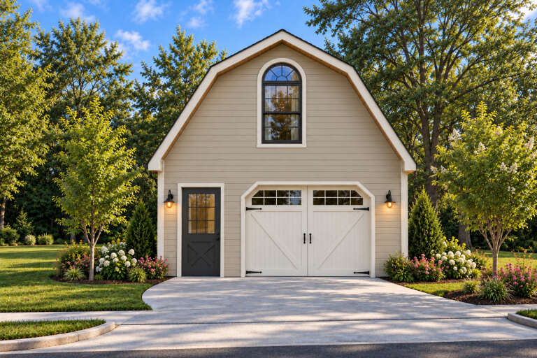 Front view of a tan house in Barn style, gambrel roof, arched window, carriage-style garage door, and lush landscaping. House Plan # 1070-00379