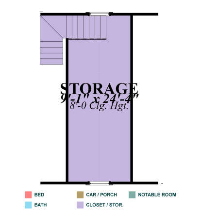 Floor plan drawing with storage area, stairs, and 8-foot ceiling height. House Plan # 1070-00379