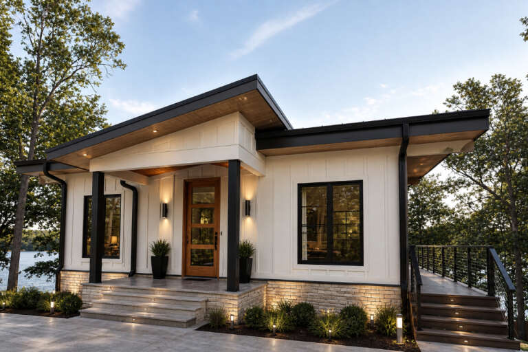 Angled front view of a white house in Modern style, board-and-batten siding, stone base, wood door, and shed roof. House Plan # 6102-00013