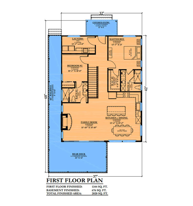First-floor plan drawing with 2BR, 2BA, kitchen/dining, family room, WIC, Ldry, fireplace, walkway, deck, and entry. House Plan # 6102-00013