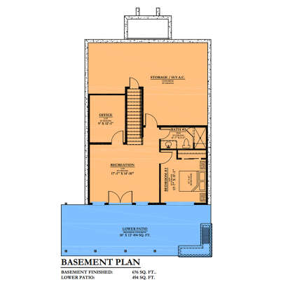 Basement floor plan drawing with 1BR, 1BA, office, recreation room, storage, stairs, and lower patio. House Plan # 6102-00013